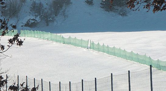snow fence, green, with snow and mountain in the background