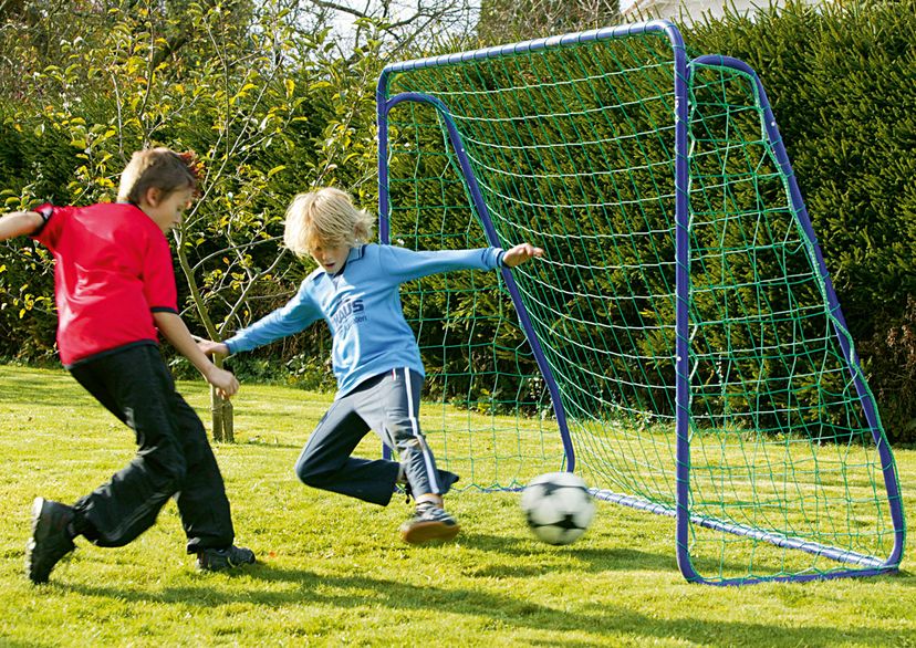 Mini-goal net, green, with two boys playing in the garden, outside picture