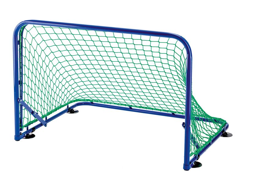 Mini hockey goal net in green, in a blue goal frame