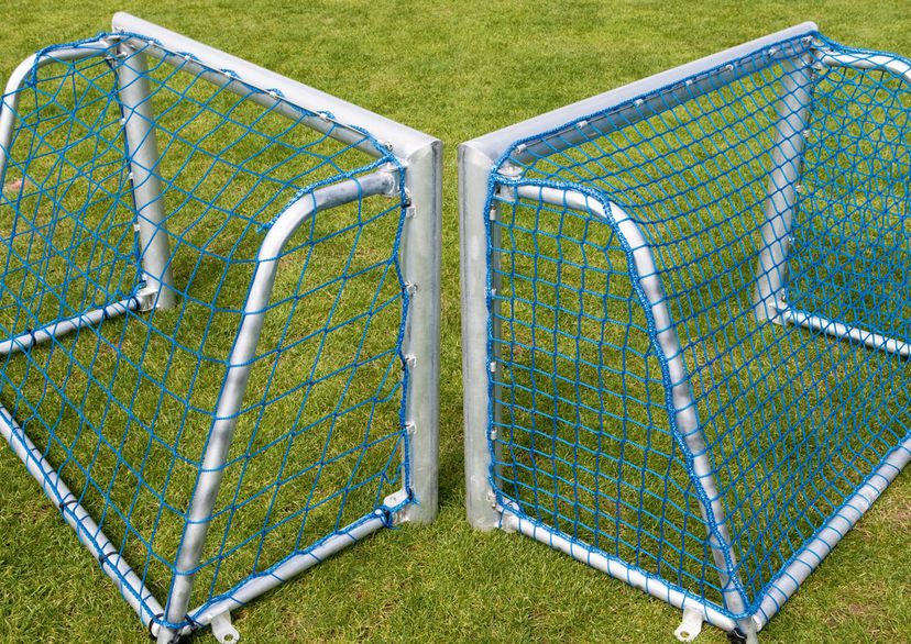 2 goals with blue mini soccer goal net, 45 mm mesh and 100 mm  mesh