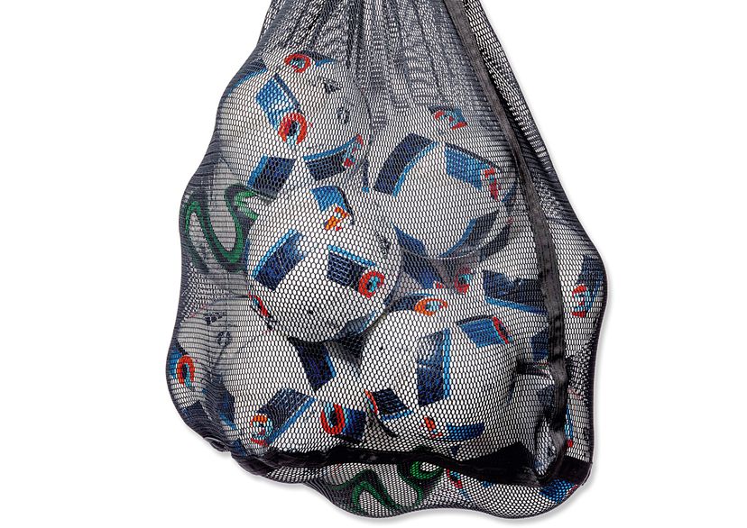 Black goal carrier net, very small meshes with 13 soccer balls inside, detail picture