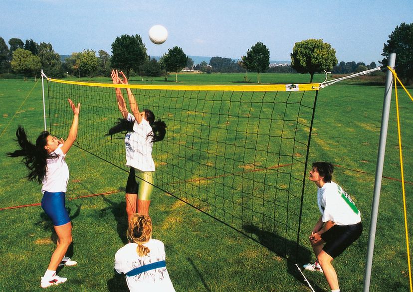 Volleyball nets set, 4 girls playing on green grass, action scene, side view