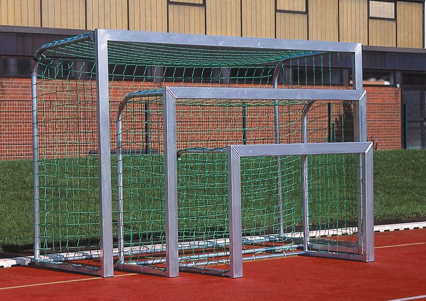 Mini Goal Nets, 3 pieces in a row (behind each other), outside picture, green netting