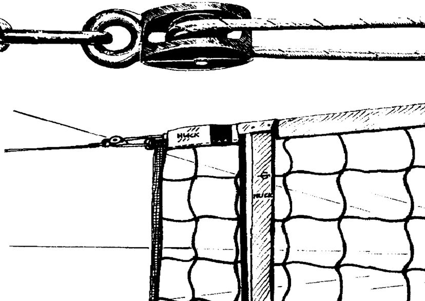 Drawing of volleyball net with tension pulley