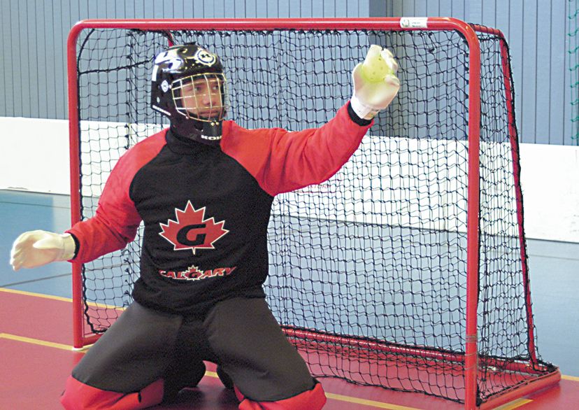 Floorball goal net, white, side view with players and goal keeper, indoors