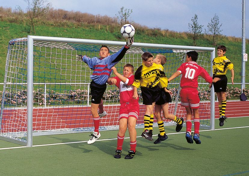 Goal net junior, blue/white, front view with 6 boys with yellow Huck shirts