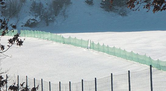 Schneefangzaun, grün, mit Schnee und Berg im Hintergrund