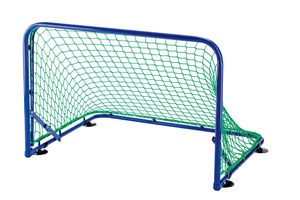 Mini hockey goal net in green, in a blue goal frame